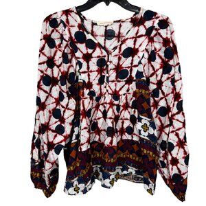 Solitaire Peasant Top Blouse Womens Large White Red Multicolor Tie Dye Boho